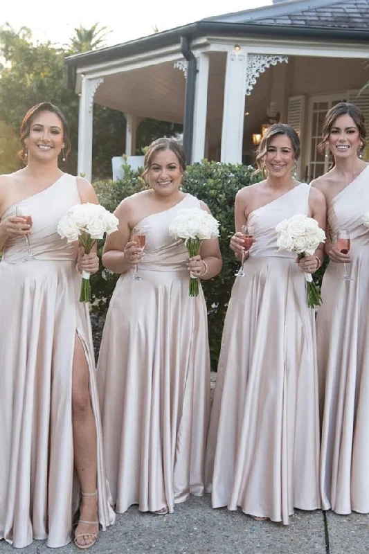 Super Bargain lace dressLight Pink One Shoulder A-line Satin Long Bridesmaid Dress with Slit