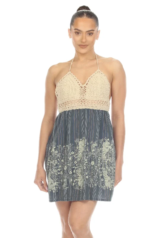 Stock Up and Save Midnight Floral Crochet Halter Dress