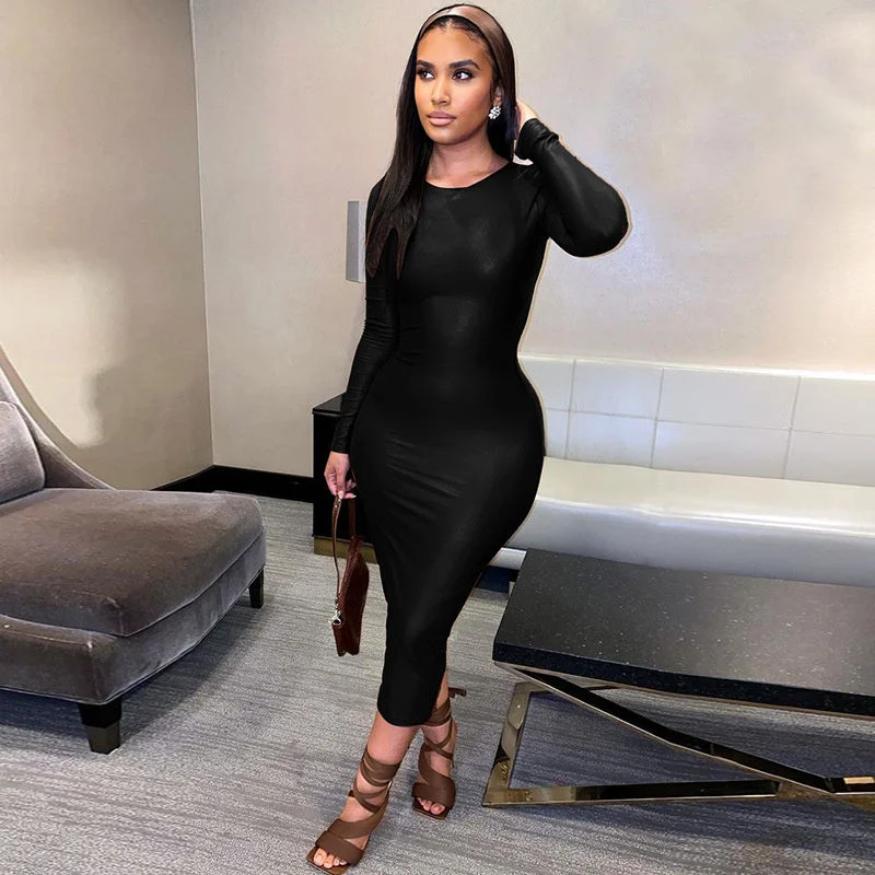 Stock Clearance elegant evening dressJill Full Sleeve Bodycon Midi Dress