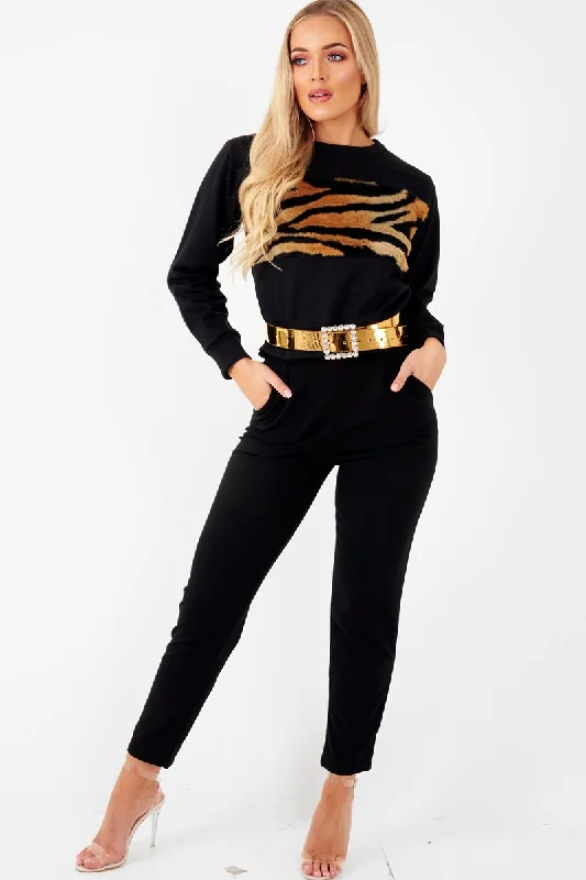 Massive Deals cozy pullover sweaterBlack Faux Fur Tiger Print Front Cropped Jumper  - Suzie