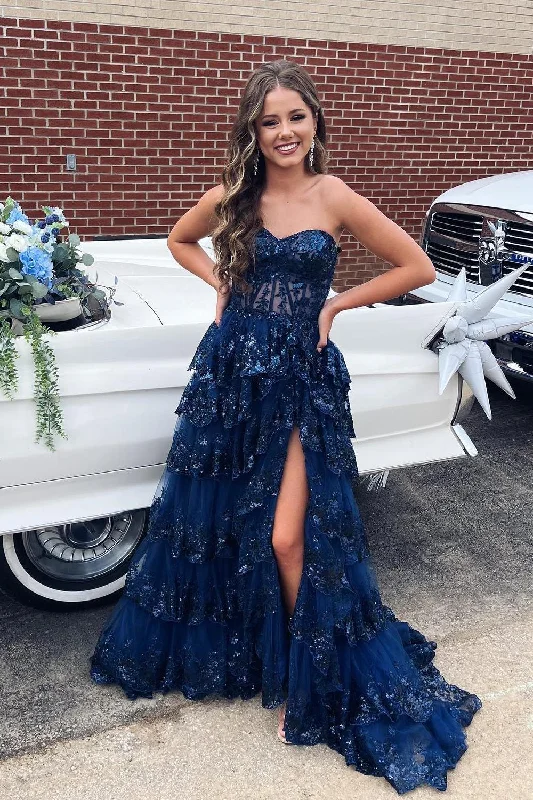 Unmissable Offer fitted bodycon dressSweetheart Navy Blue Appliques A-line Ruffle Long Prom Dress
