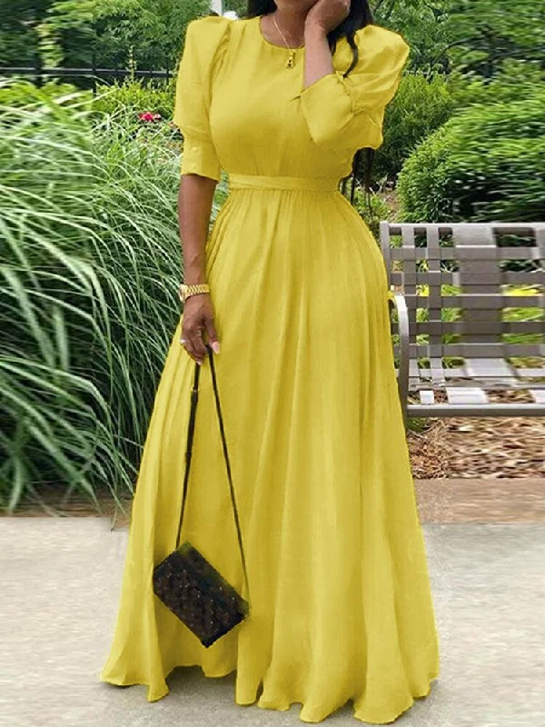Overstock stylish party dressSolid Puff Sleeve Button Cuffs Ankle Length Retro Midi Dresses