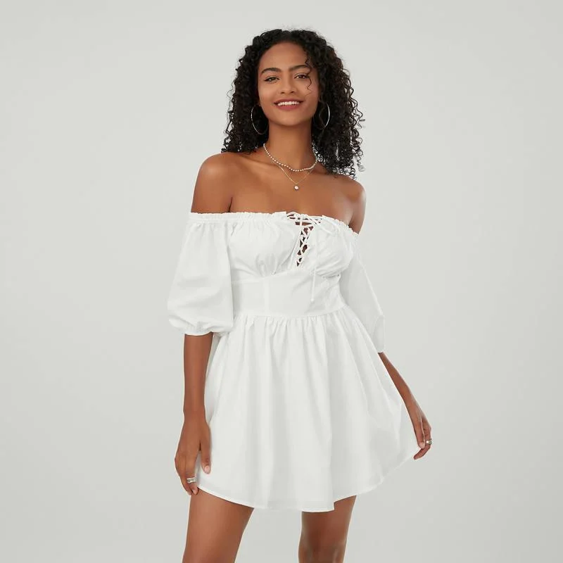 Bargain Blast satin midi dressSummer Chic Off-Shoulder Mini A-Line Dress with Puff Sleeves