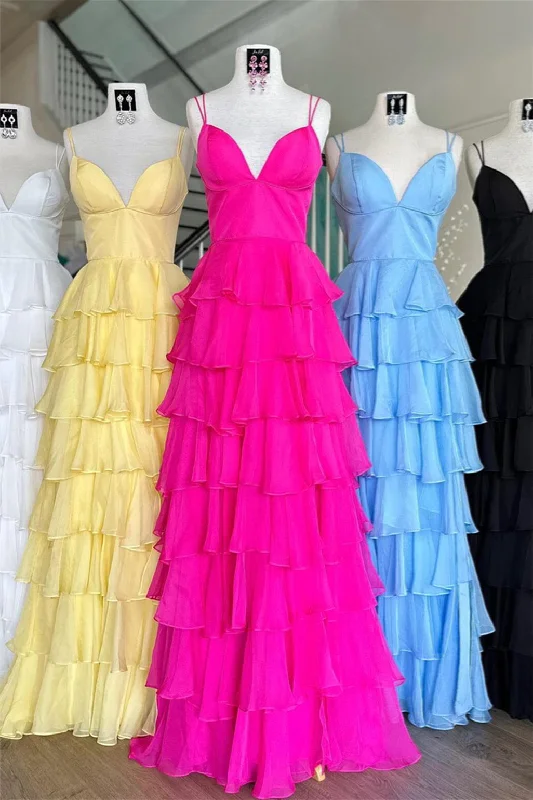 Best Seller statement dressFuchsia Straps A-line Layers Long Prom Dress
