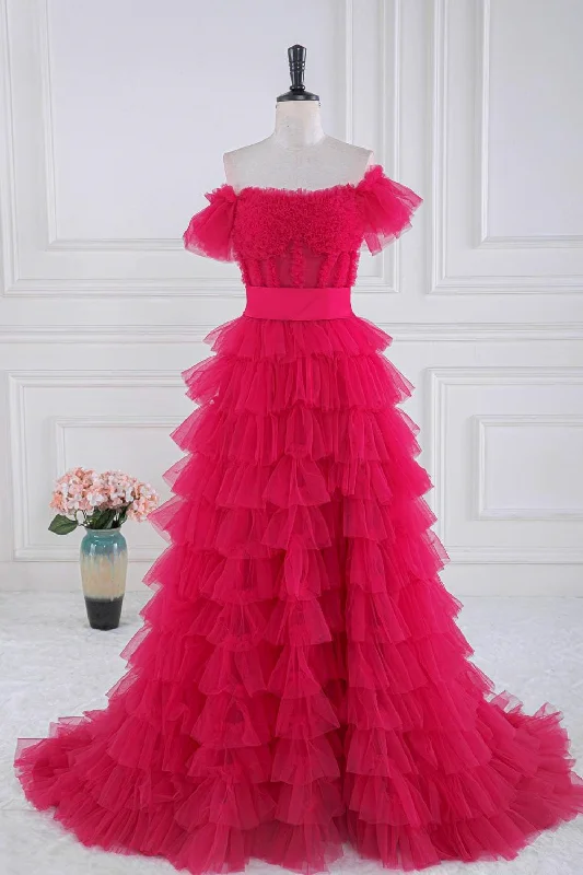 Factory Direct Sale A-line dressFuchsia Off-Shoulder Layers Ruffled A-line Long Prom Dress