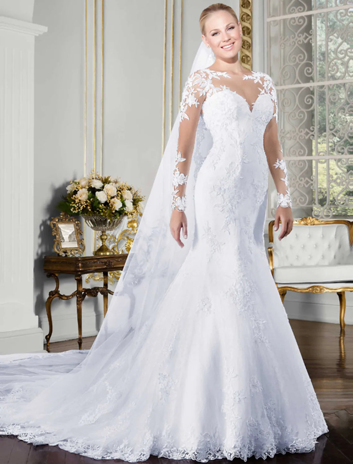 Price Rollback Open Back Sexy Formal Wedding Dresses Chapel Long Sleeve Neck Lace Appliques