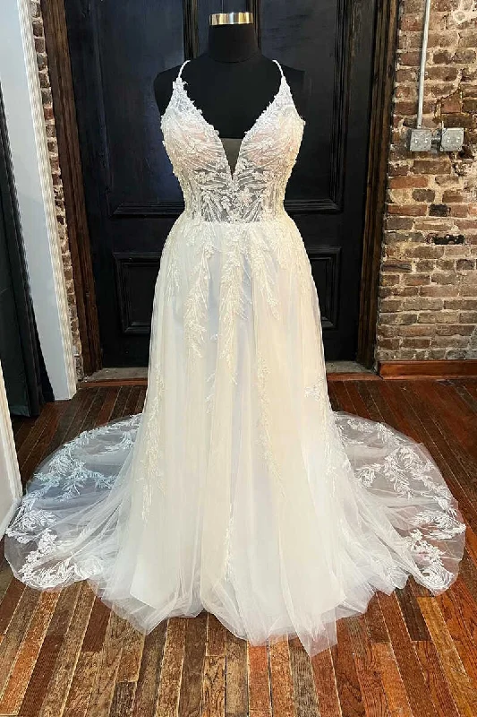 Exclusive Savings summer dressWhite Lace V-Neck Backless A-Line Long Wedding Dress