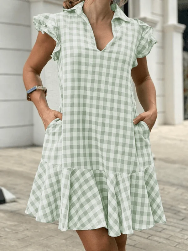 Overstock casual day dressLapel Plaid Ruffles Side Pocket Summer Dress for Women