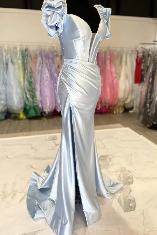Super Sale summer floral dressShort Puff Sleeves Light Blue Mermaid Formal Dress