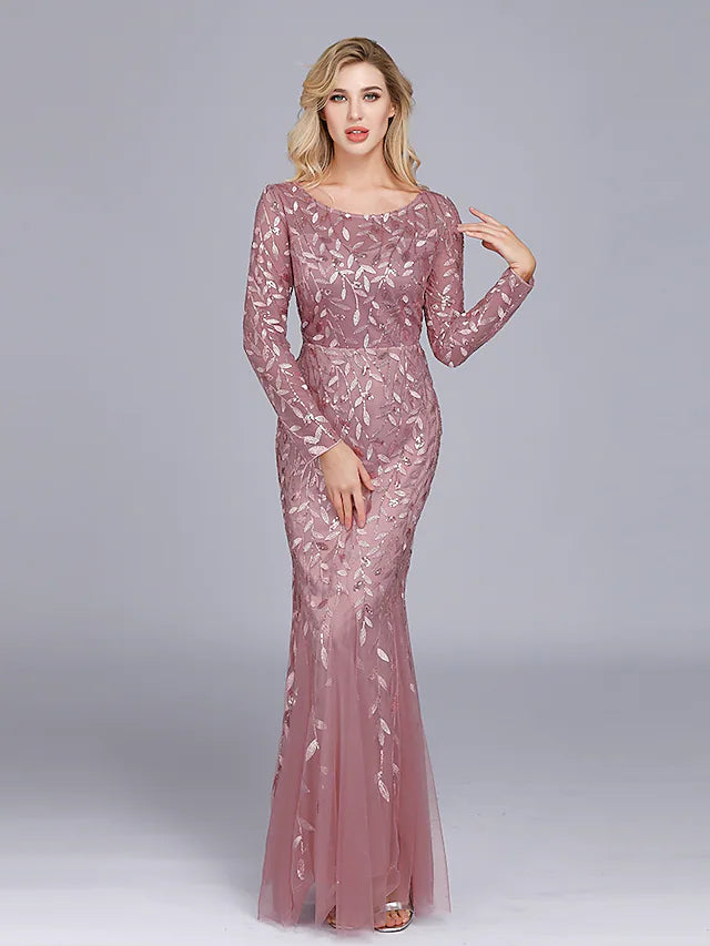 Hot Deal Elegant Party Wear Formal Evening Dress Long Sleeve Floor Length Tulle with Embroider