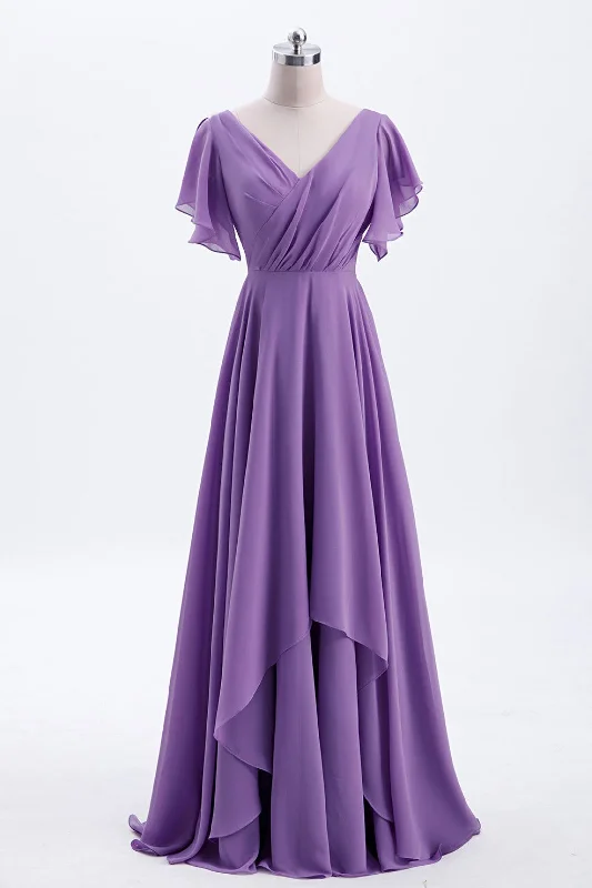 Stock Clearance comfy dressFlutter Sleeves Lavender Chiffon A-line Long Bridesmaid Dress