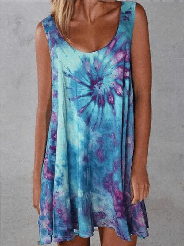 Price Meltdown casual knit dressWomen Tie-Dye Print Crew Neck Summer Sleeveless Loose Dress