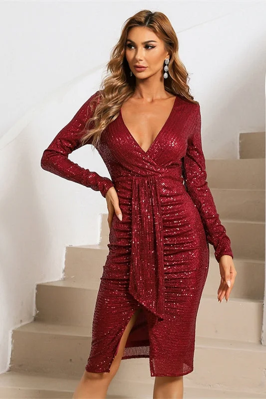 Exclusive Offers casual midi dressLong Sleeves Wine Red Sequins Bodycon Dress