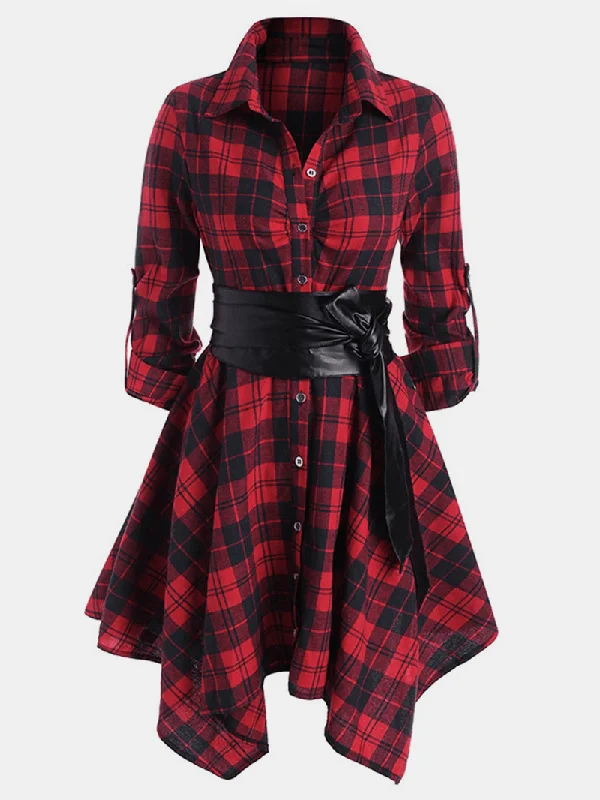 Special Discount wrap-around dressWomen Classic Plaid Asymmetrical Shirt Dress with Belt