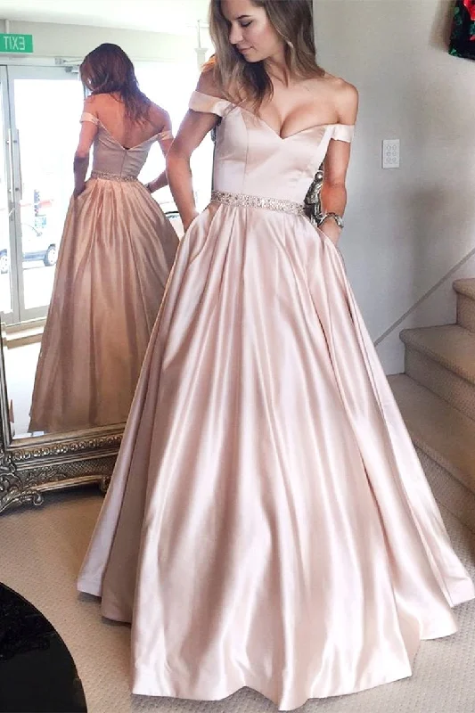 Best Seller stylish dressSimple A-line Off the shoulder Pink Long Prom Dress with Pockets