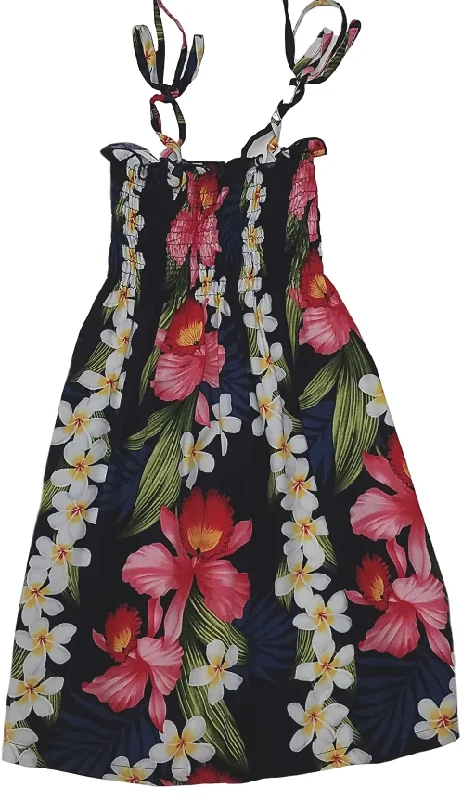 Last Chance 109R - Girls Elastic Tube Top Dress Plumeria Orchid Panel Navy