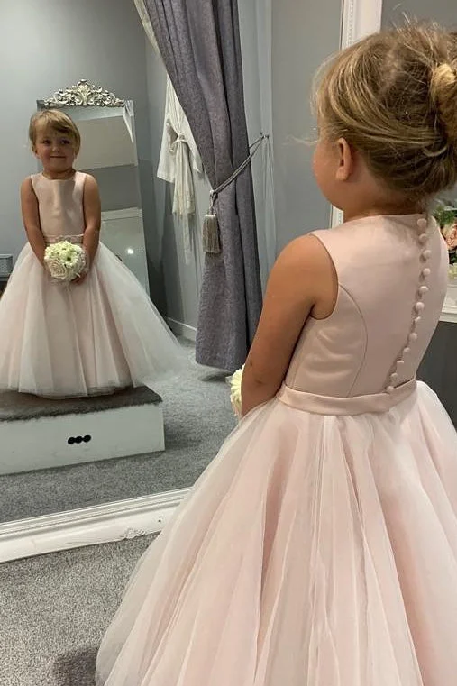 Best Bargains sleeveless dressBlush Pink Jewel Sleeveless Beaded Buttons Long Flower Girl Dress