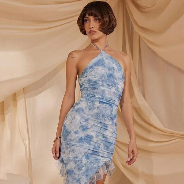 Closeout puff sleeve dressSummer Elegance Blue Floral Ruffle Mini Dress