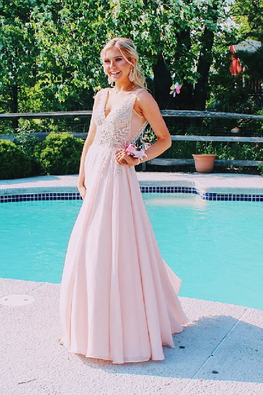 Deep Discounts stylish party dressV-Back Beaded Pink Long Prom Dress with Mesh