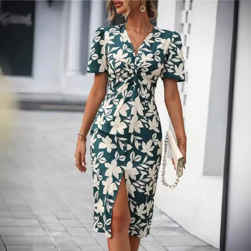 Year-End Sale romantic dressEuropean And American Women's Clothing Printed V-neck Dress