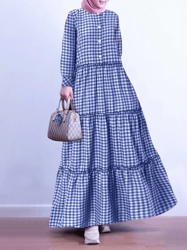 Bargain Prices backless dressWomen Grid Printed Button down Front Kaftan Robe Vintage Layered Maxi Dress