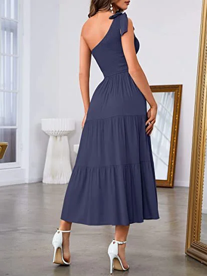 flowy maxi dressNew Summer Fashion Women's One-shoulder Pleated Layered Hem Split Dress