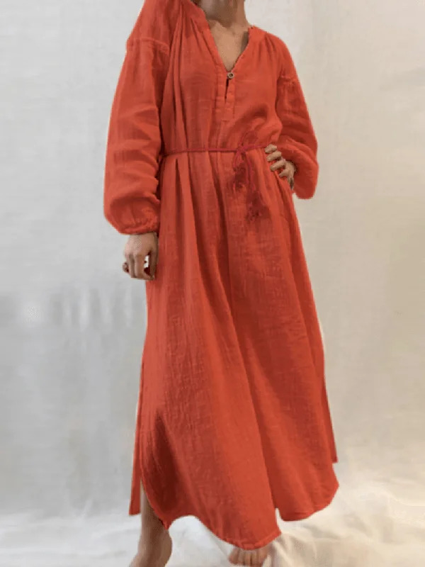 Crazy Savings knit dressSolid Color O-Neck Puff Sleeves Lace up Split Hem Button Belted Casual Maxi Dress
