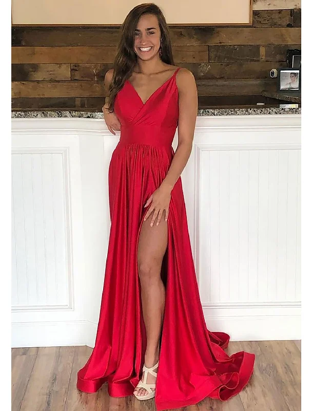 Today's Special A-line Sleeveless Court Train Satin Prom Dress With Pleated Split