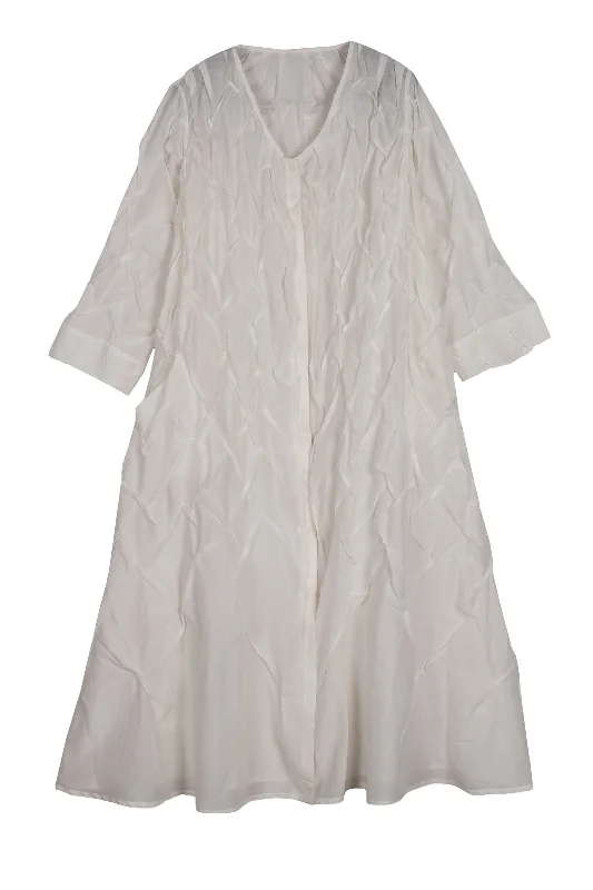 Can't Miss DYED COTTON SILK VOILE WAVY TUCK A-LINE DRESS - dc1453-wht -