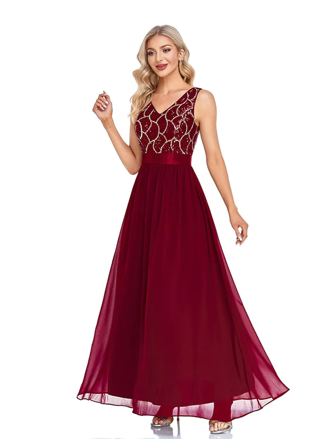 Time-Limited Offer A-Line Evening Gown Sexy Dress Wedding Sleeveless V Neck Chiffon V Back with Sequin Splicing