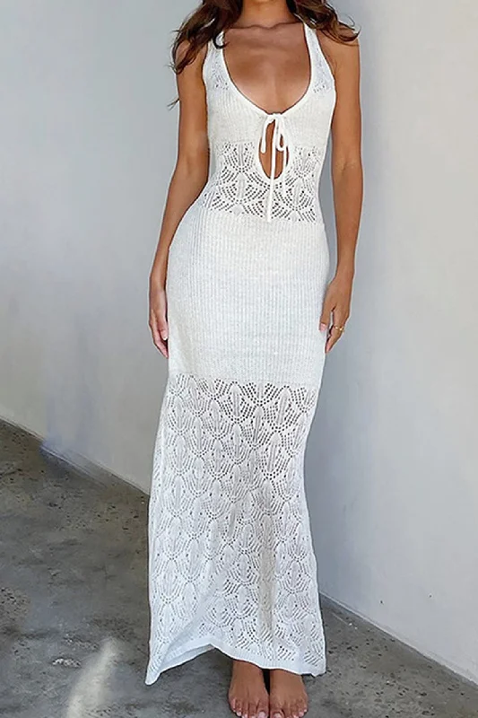 off-the-shoulder dressWhite Tie-back Crochet Hollow Out Tank Dress