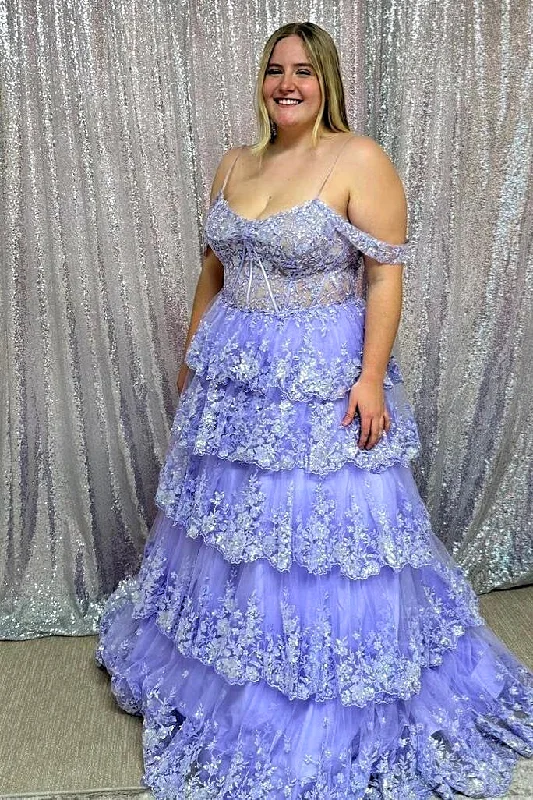 Buy More, Save More pleated dressLavender Cold Shoulder Sequined Floral A-line Layers Long Prom Dress