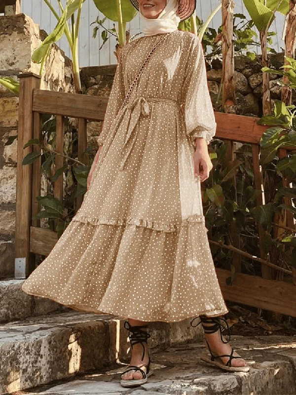 Savings Galore floral dressPolka Dot Print Frill Trim Lace up Casual Long Puff Sleeve Maxi Dresses for Women