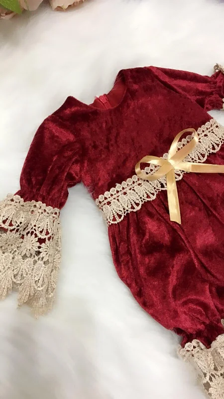 Don't Miss lace dressVelvet Romper and Bonnet