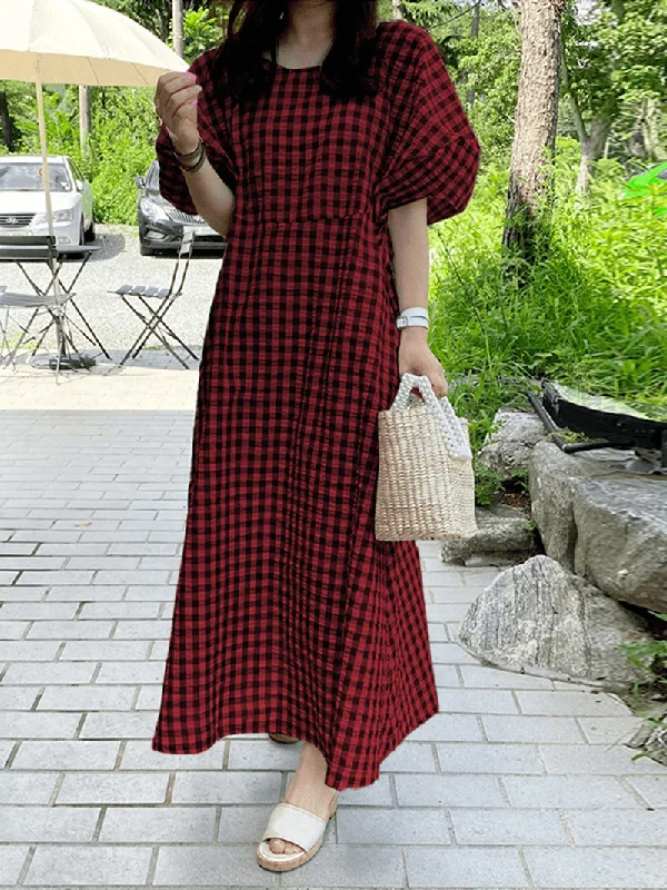 Exclusive Access boho-chic dressWomen Plaid Casual Half Puff Sleeve Literal Holiday Dress