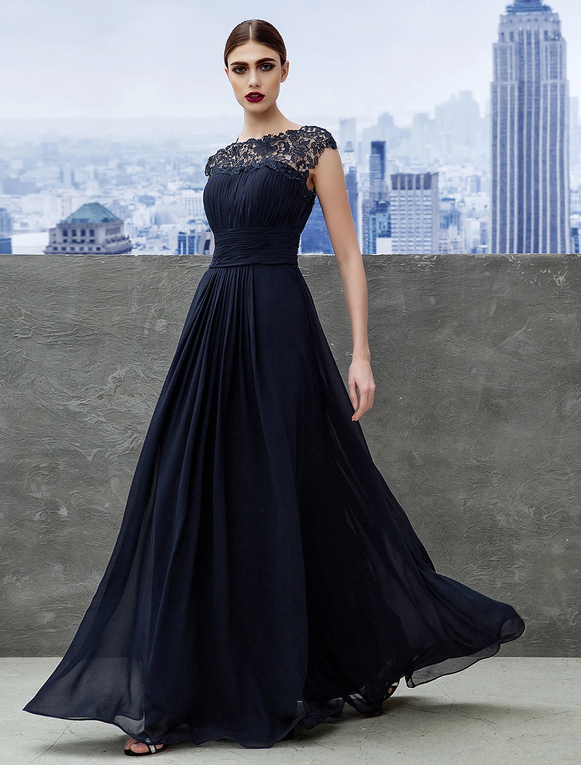 The Best Prices A-Line Evening Gown Dress Wedding Guest Floor Length Short Sleeve Boat Neck Chiffon with Ruched Lace