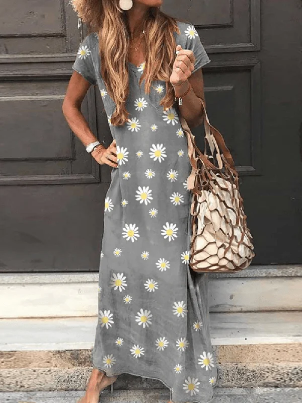 Don't Wait bohemian dressDaisy Print V-Neck Short Sleeve Casual Loose Maxi Dress for Women