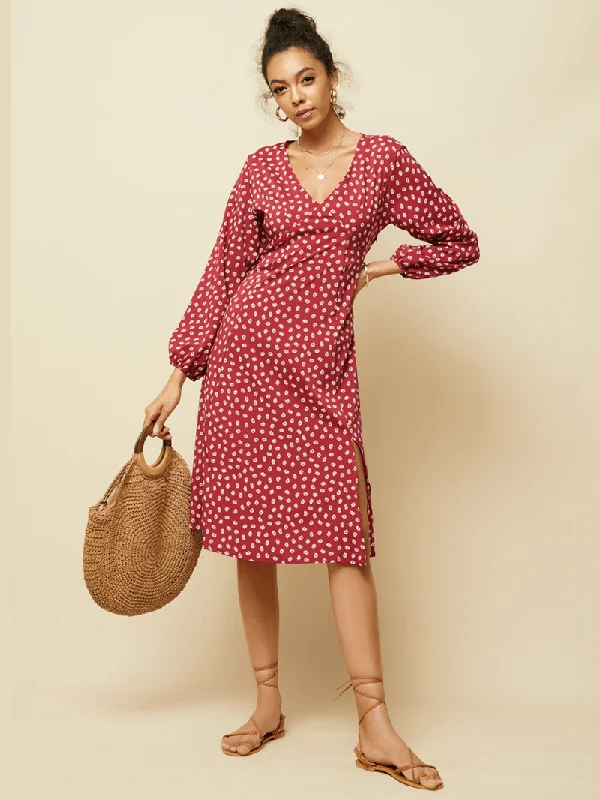 Special Price pleated dressChiffon Polka Dot Print Split Long Sleeve Causal Dress