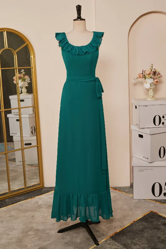 Limited Time floral dressTeal Ruffled Neck A-line Long Bridesmaid Dress with Sash