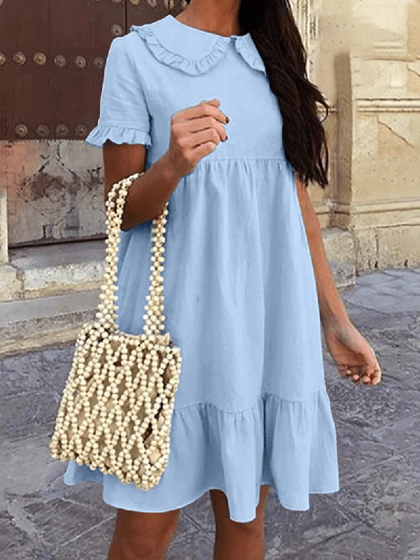Buy Now casual evening dressWomen Solid Color Doll Collar Fungus Trims A-Line Stitching Short Sleeve Dress