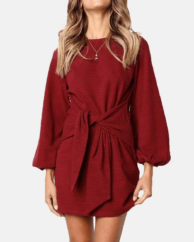Limited Edition fitted cocktail dressWomen Long Sleeve round Neck Elegant Tie Waist Sweater Mini Dress