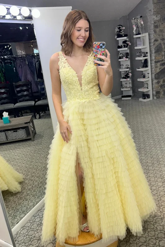 Extra Savings layered dressYellow Plunging V Neck Floral Layers A-line Long Prom Dress with Slit
