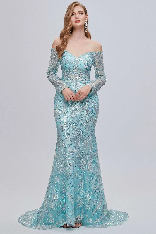 Act Now winter dressAqua Blue Off-the-Shoulder Long Sleeve Mermaid Evening Dress