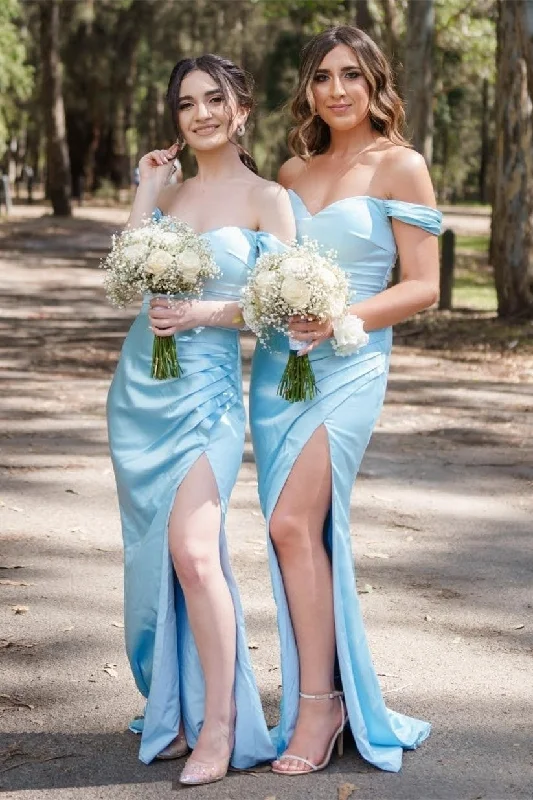 Take Advantage casual knit dressBlue Off-the-Shoulder Pleated Long Bridesmaid Dress with Slit