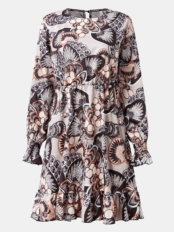 Huge Discounts ashionable dressWomen Retro Print round Neck Casual Long Shirred Sleeve Mini Dresses