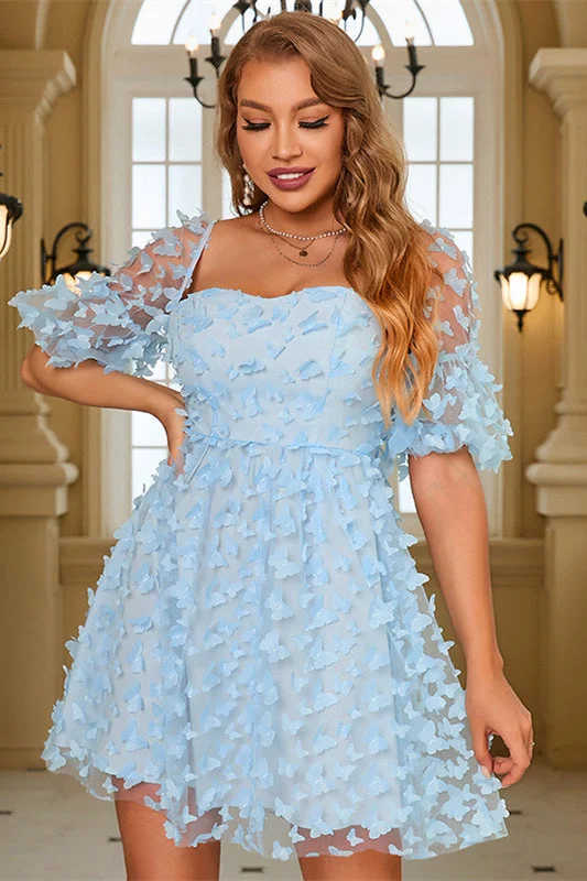 Savings Event oversized dressA-Line Light Blue Short Party with 3D Butterflies.