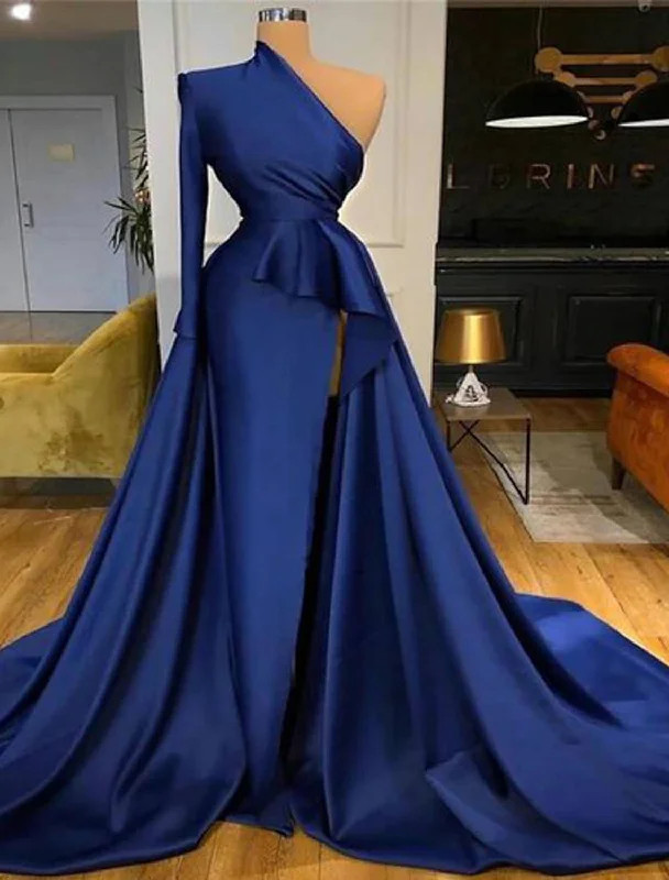 Bargain Blast A-Line Sexy Wedding Guest Formal Evening Dress One Shoulder Long Sleeve Satin with Ruffles Slit Bargain Blast A-Line Sexy Wedding Guest Formal Evening Dress One Shoulder Long Sleeve Satin with Ruffles Slit