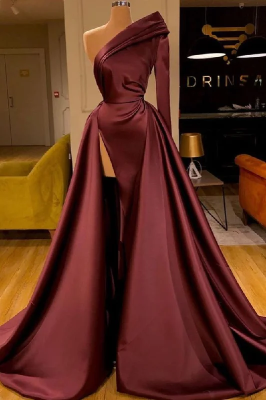 Buy Now One Shoulder Satin Evening Party Gowns Detachable Train