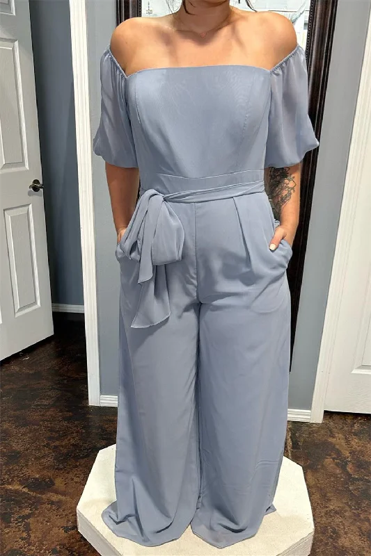 Don't Wait sleek midi dressMist Off-the-Shoulder Chiffon Bridesmaid Jumpsuit