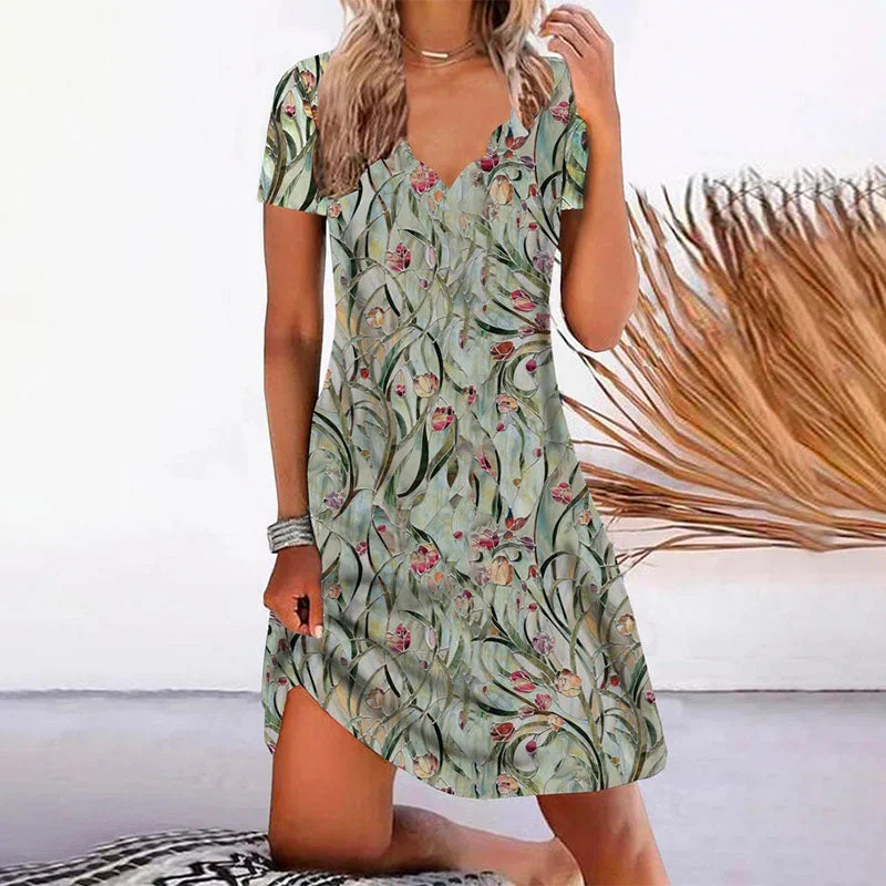 Deal Dash casual shift dressRomantic Floral Print V-Neck Dress